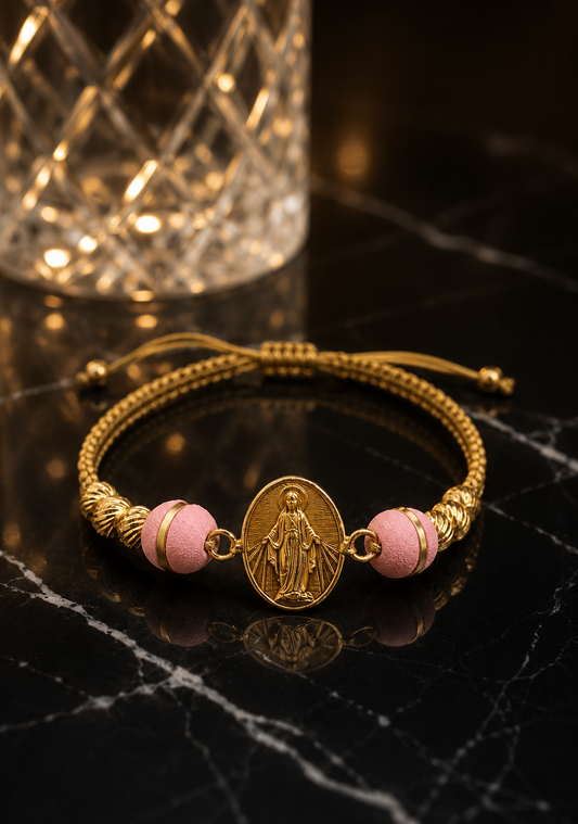 PULSERA VIRGEN MILAGROSA CON BALIN DIAMANTADO Y NEOPRENO ARGOLLADO